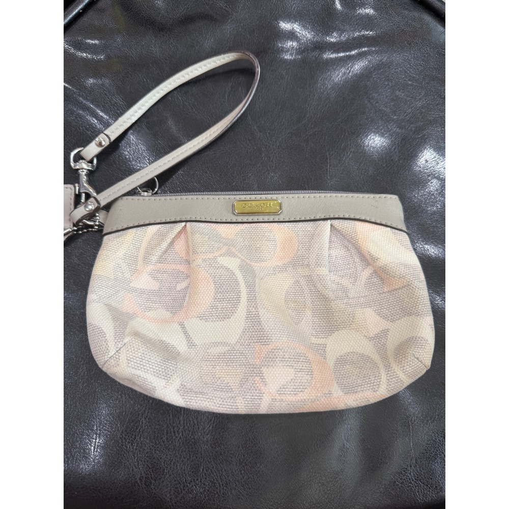 Coach Signature Monogram Wristlet Grey Peach Canvas Leather Gold Hardware